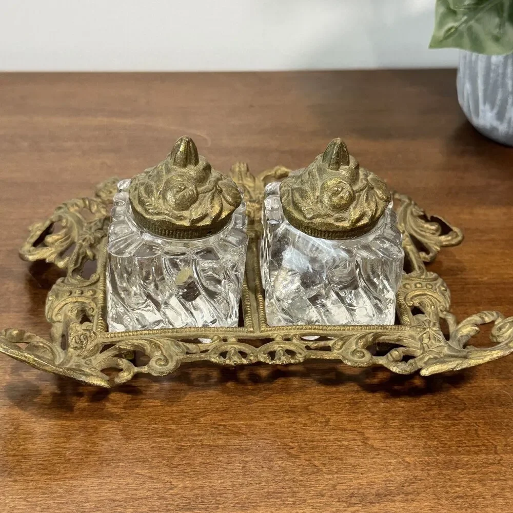 Antique Ornate Brass Double Inkwell Stand with Two Glass Ink Pots Victorian Era - Picture 6 of 11